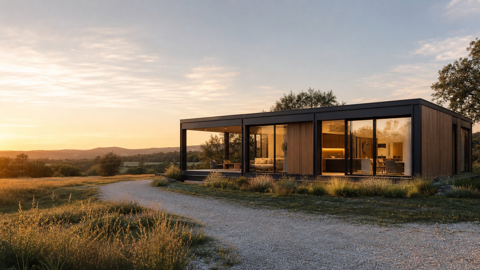 Modern modular home in a countryside setting at sunset